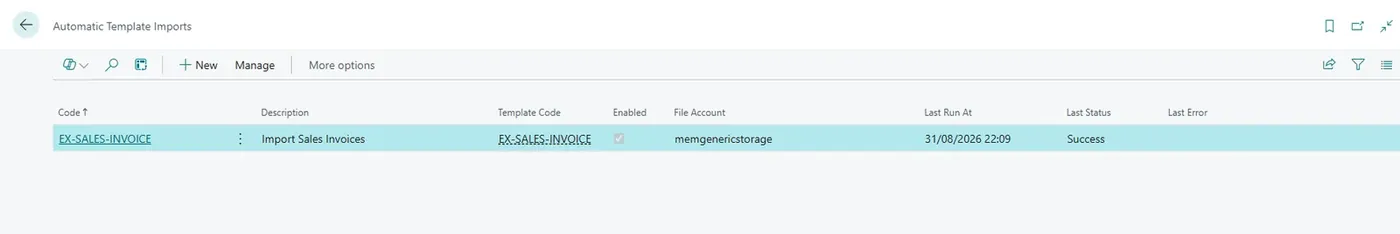 Lista Automatic Template Imports con un'importazione automatica attiva e l'ultima esecuzione