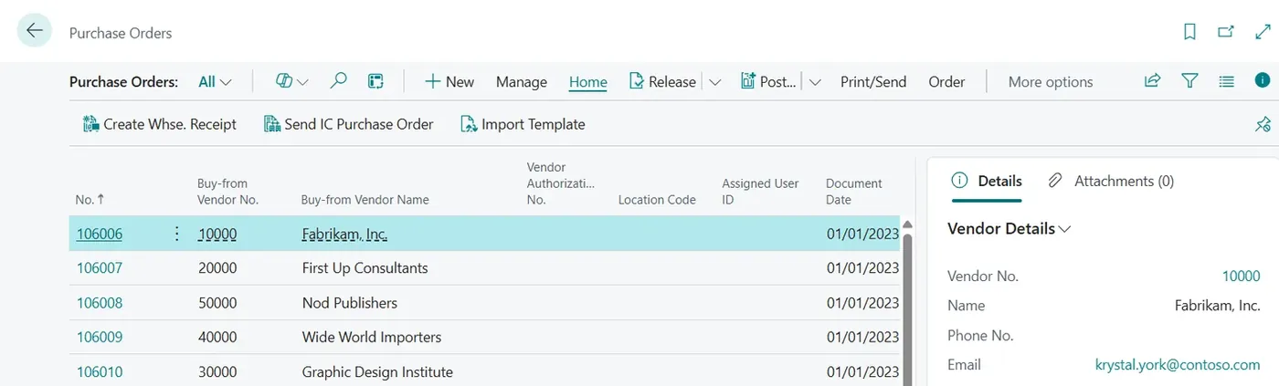 Lista Ordini di acquisto in Business Central con l'azione Import Template