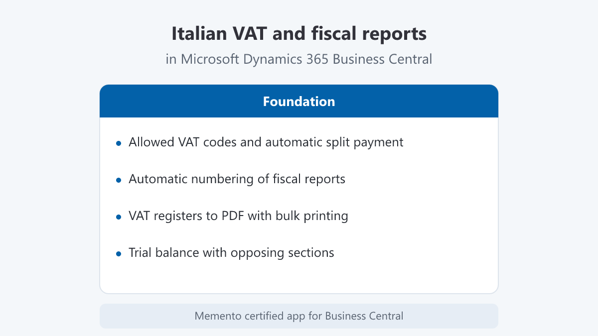 Main features of the Foundation app for Business Central: Italian VAT and fiscal reports