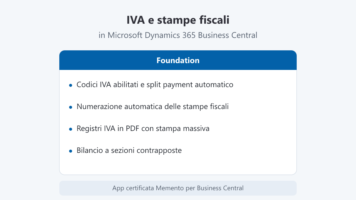 Funzionalità principali dell'app Foundation per Business Central: IVA e stampe fiscali